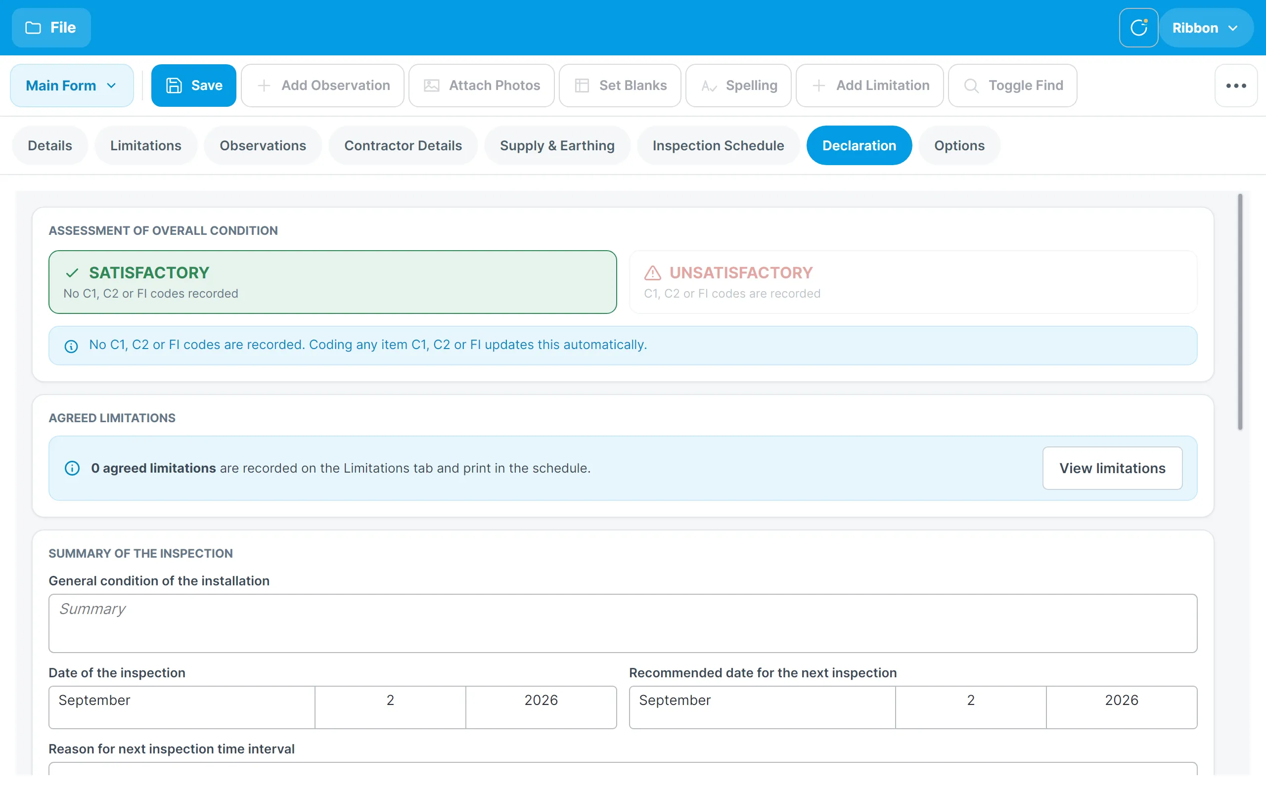 The Declaration tab showing the assessment of overall condition