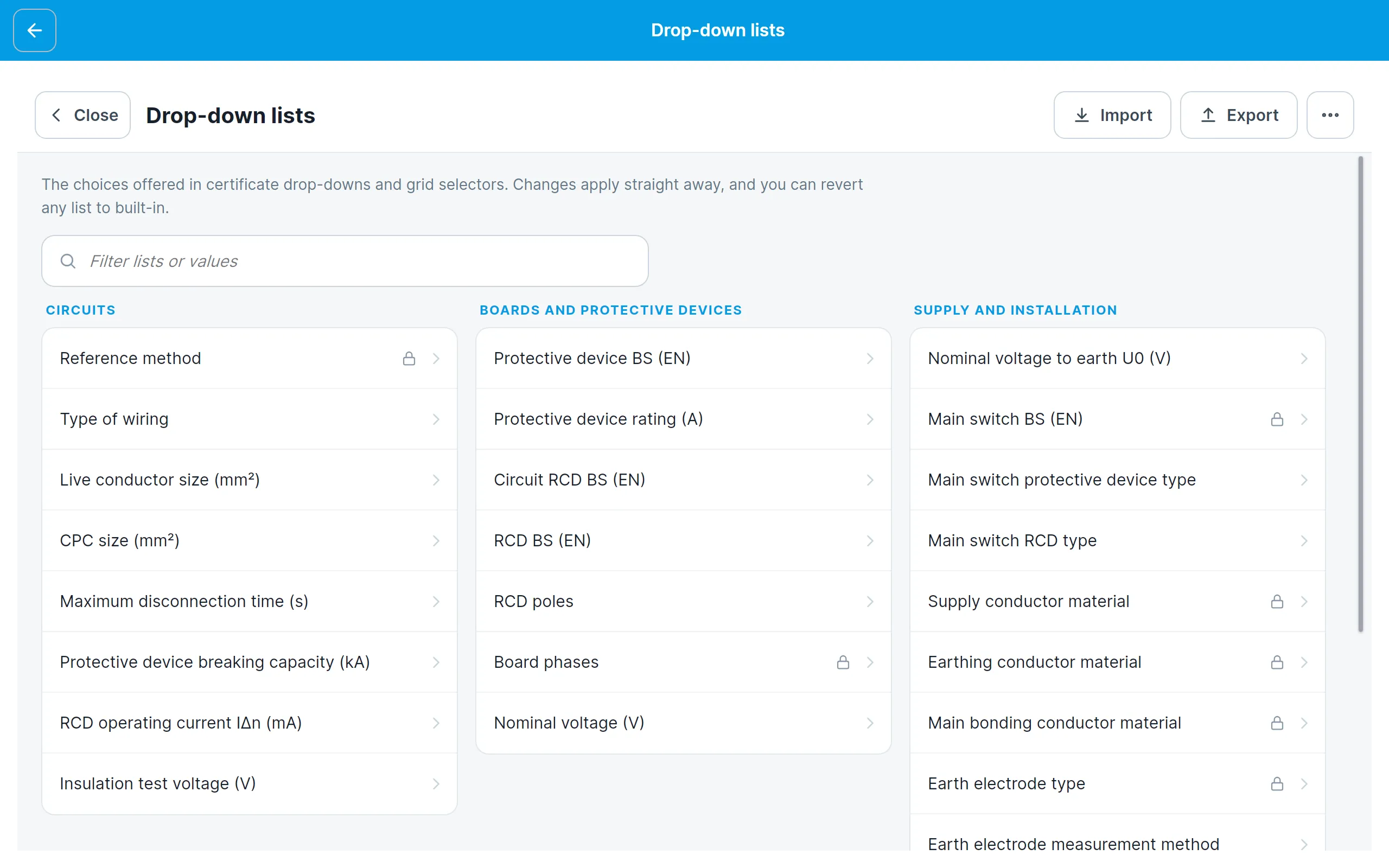 The Drop-down lists screen, showing the lists in their three groups