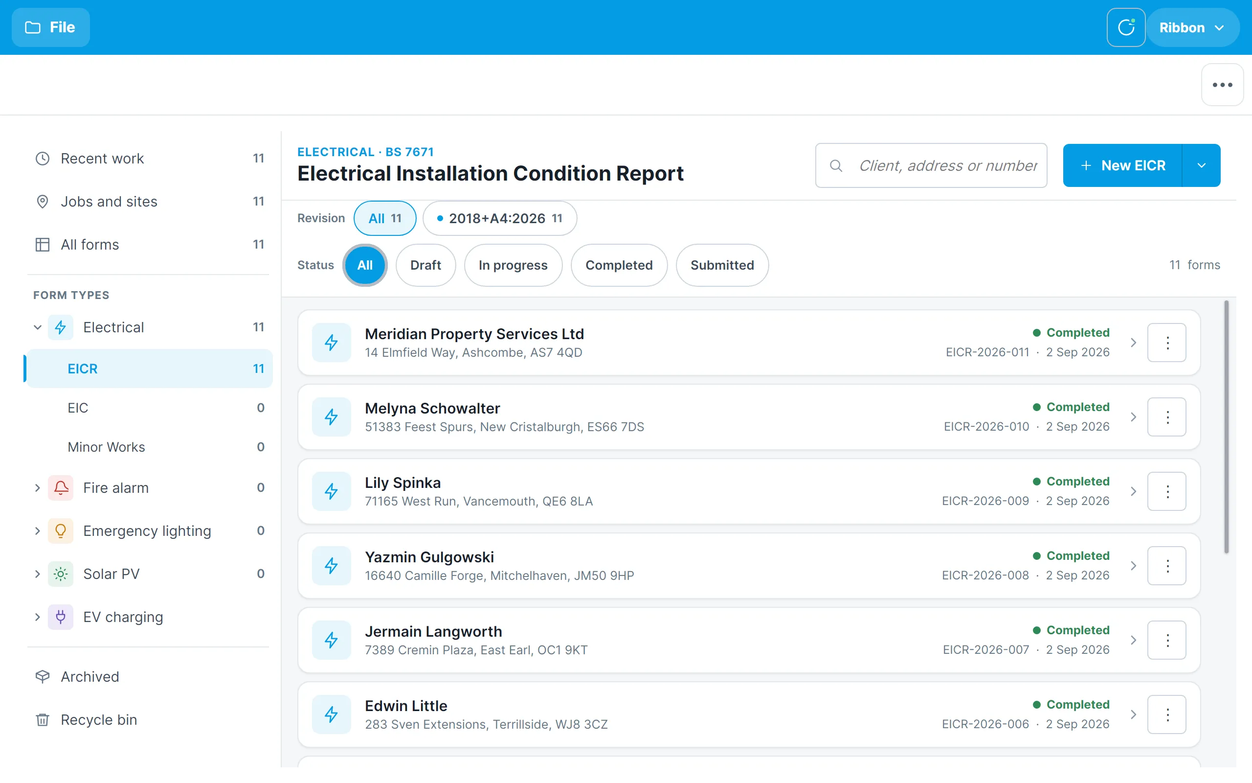 The list narrowed to EICRs, with the revision and status filters