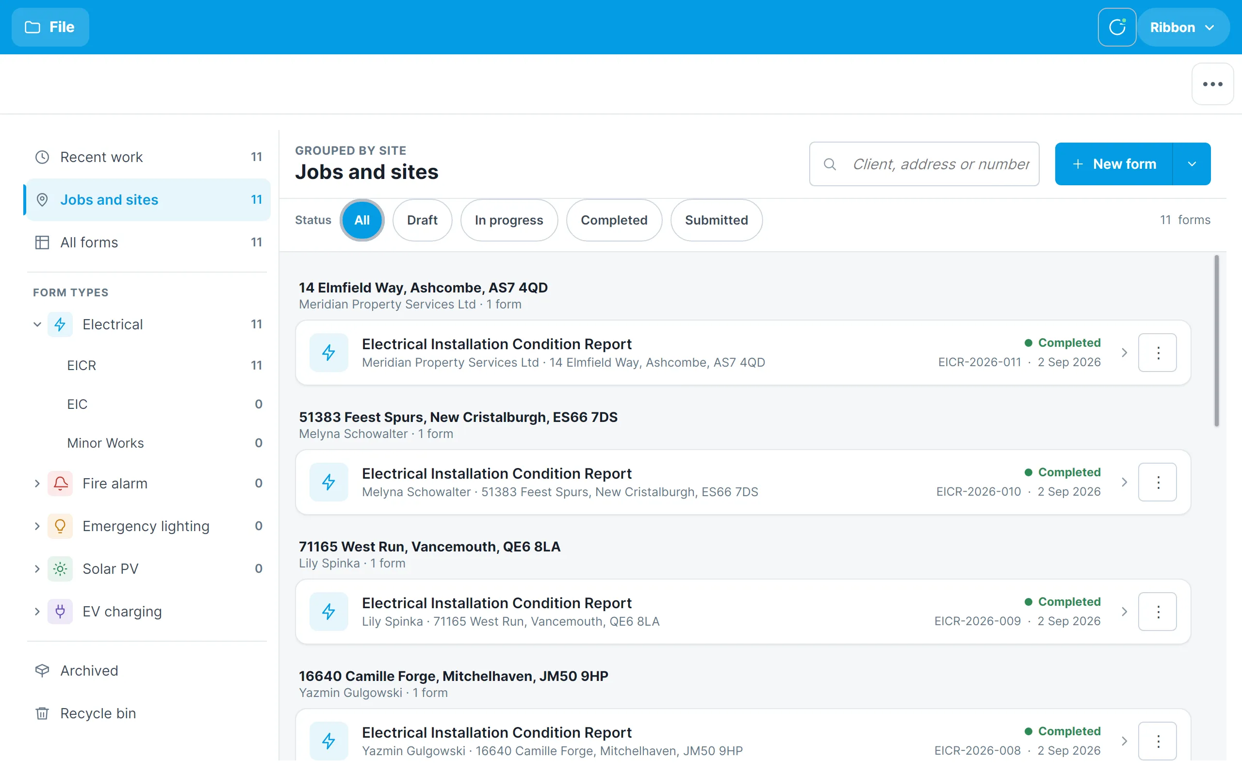 The Home screen grouped by job and site
