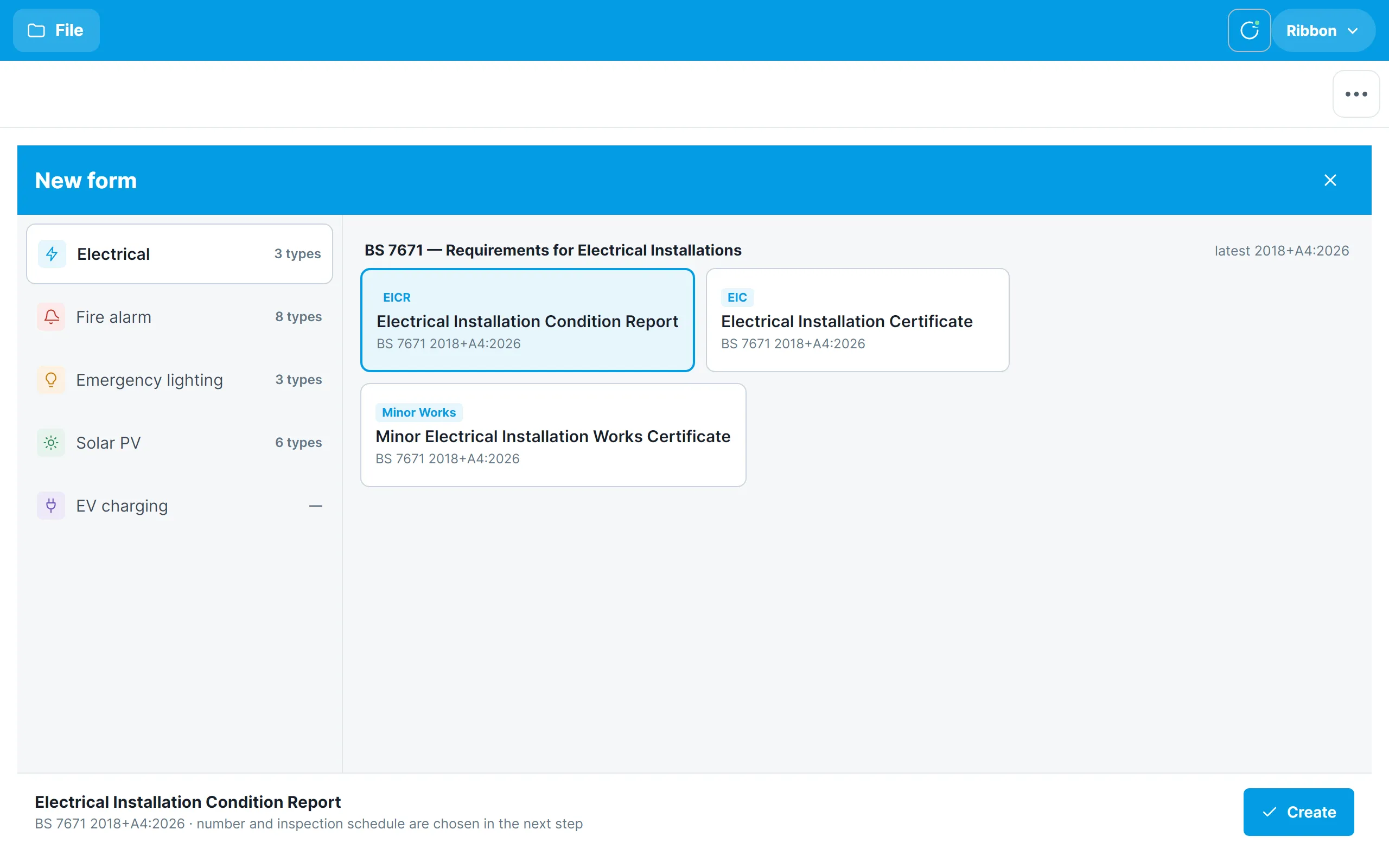 The New form picker with the EICR tile selected and the Create button enabled