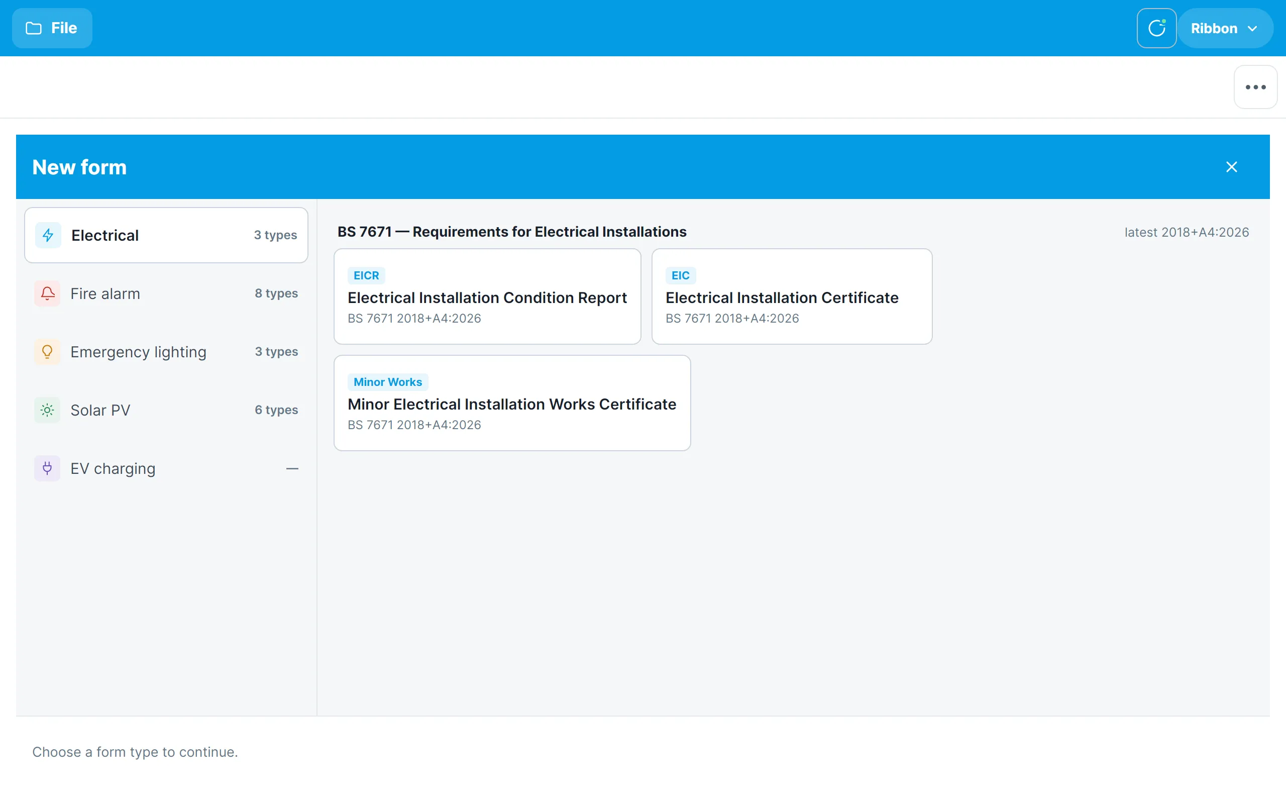 The New form picker with the electrical form types shown