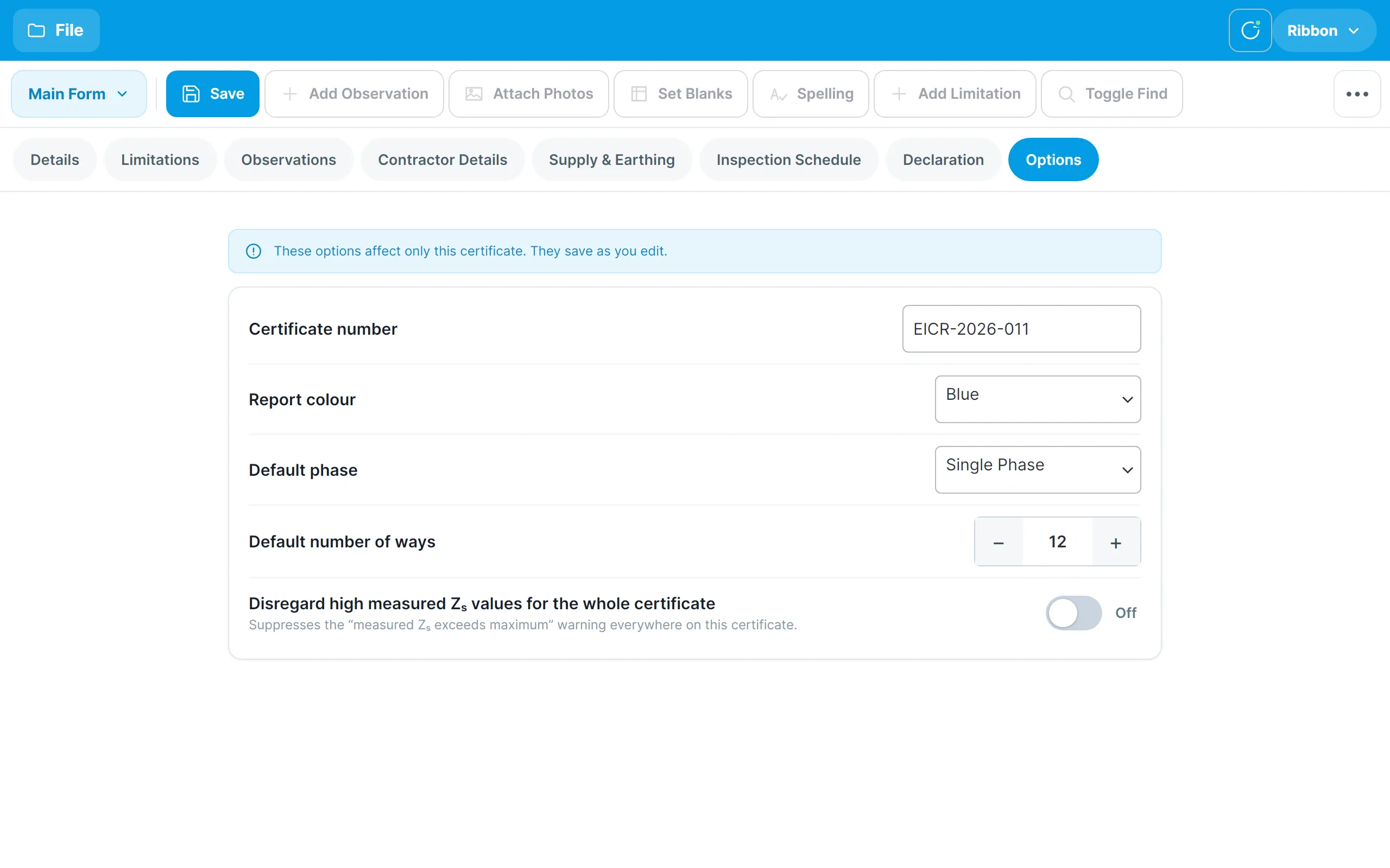 The certificate's Options tab