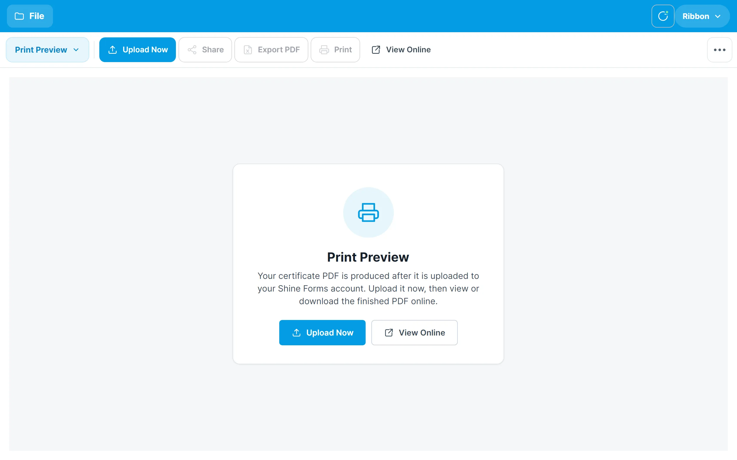 The Print Preview section before the certificate has been uploaded