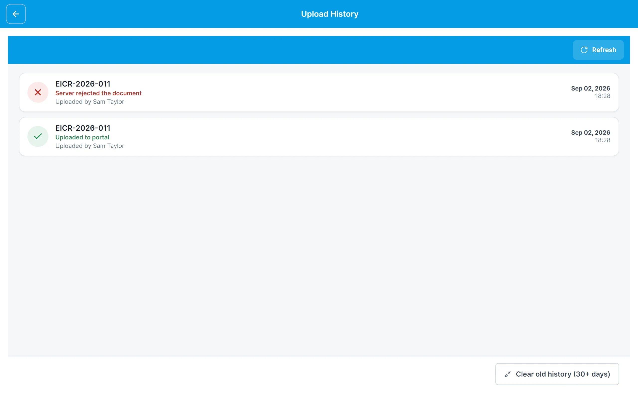 The Upload History screen showing a successful and a failed upload