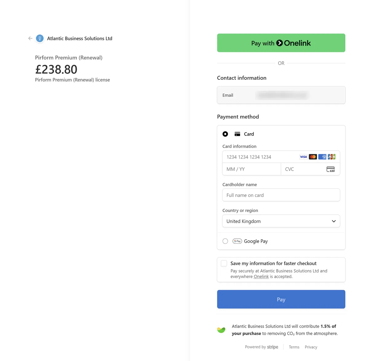Image displaying the Stripe payment screen for entering card details.