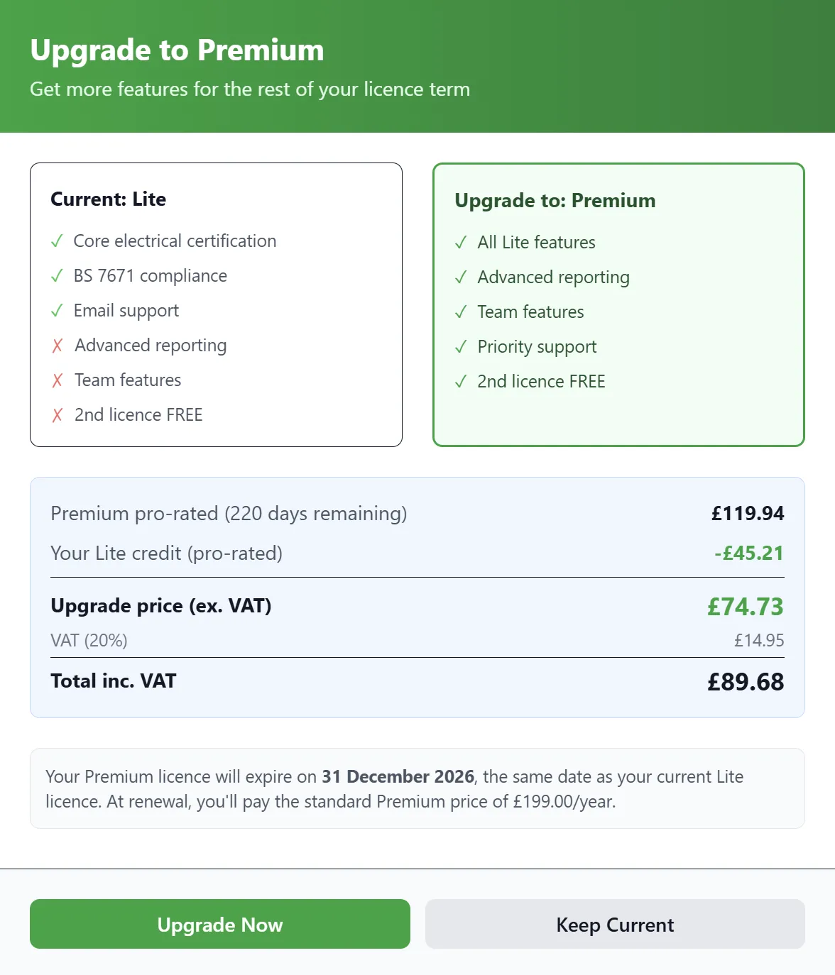 Image showing Lite Edition licence with an upgrade option to Premium Edition.