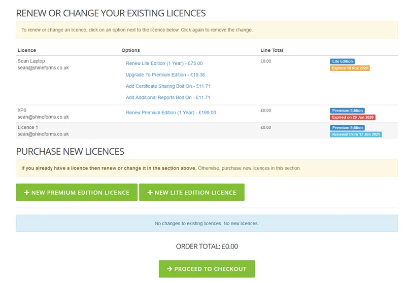 Screenshot showing the Licence Manager with various licence options.