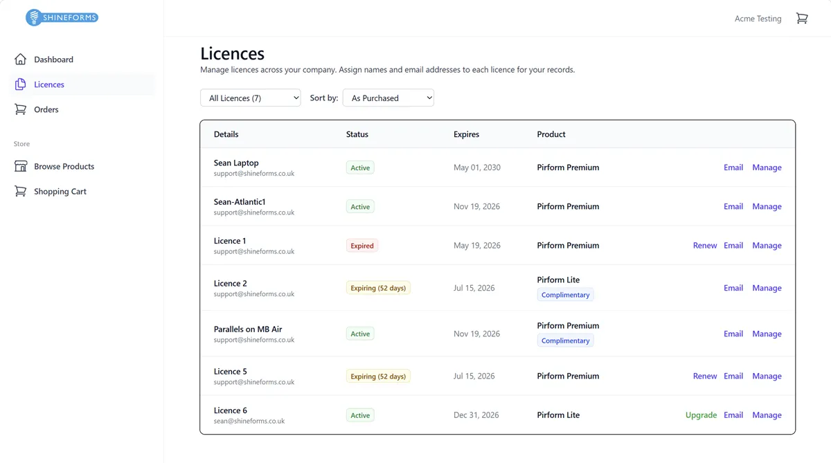 Screenshot showing the Licence Manager with various licence options.