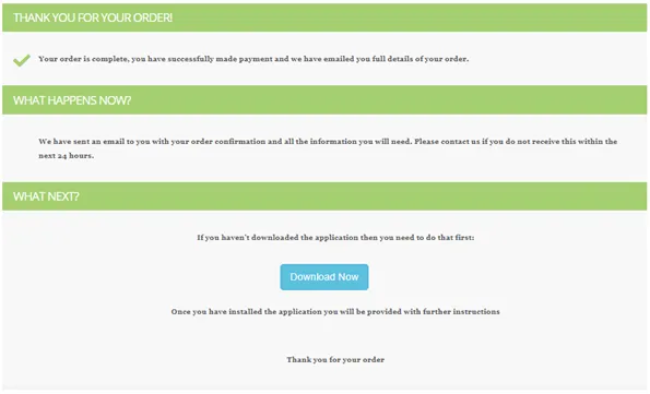 Screenshot confirming the successful order and showing details of the purchase.