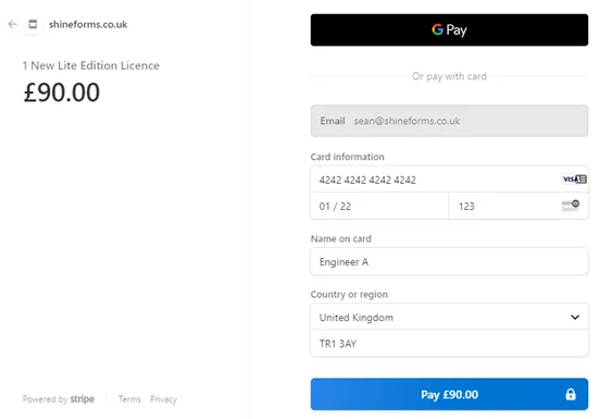 Image displaying the Stripe payment screen for entering card details.