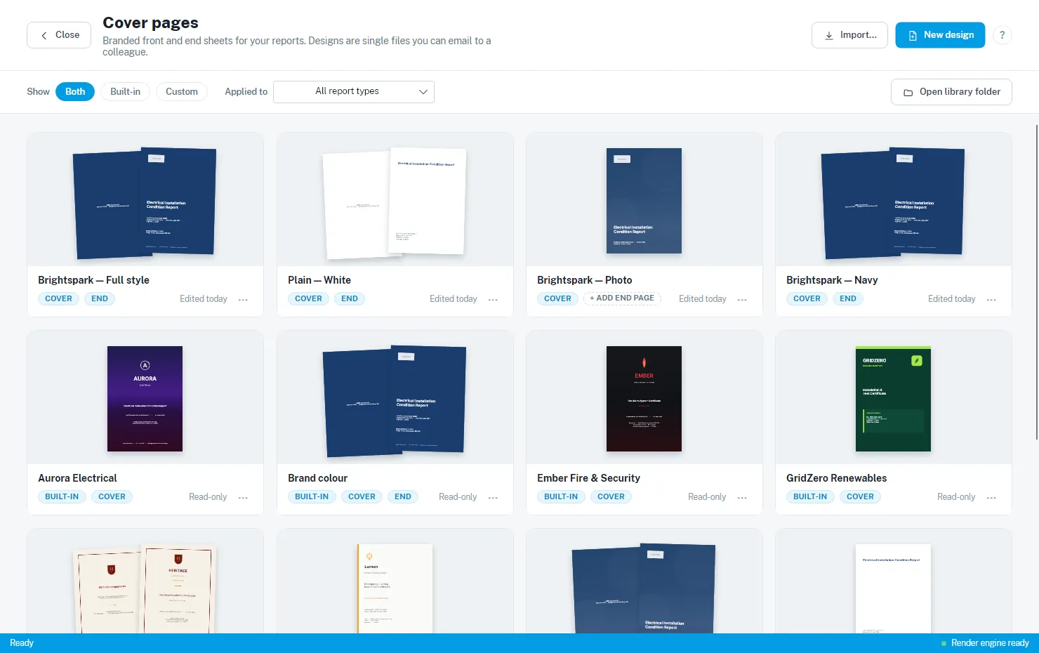 The design library, showing built-in and custom designs