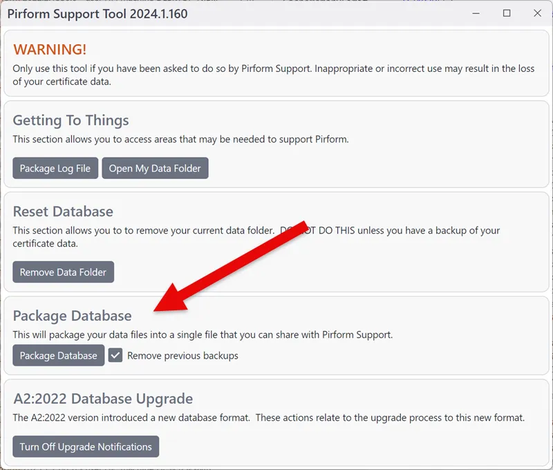 Screenshot of the Shine Forms Support Tool with the Package Database button highlighted