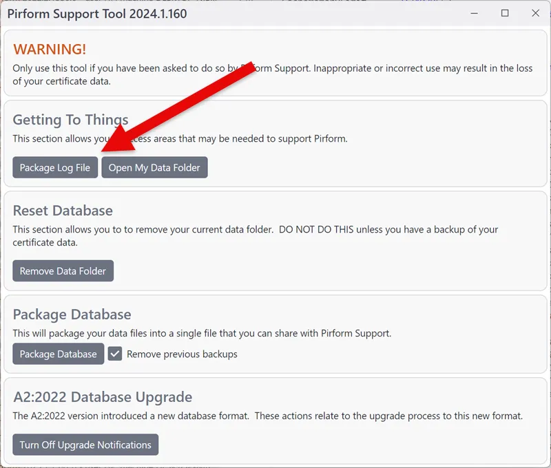 Support Tool interface showing the Package Log File button in the top left