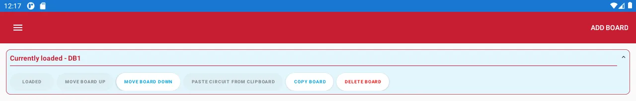 Tablet view showing board management buttons, including copy, move, add circuit, and delete options