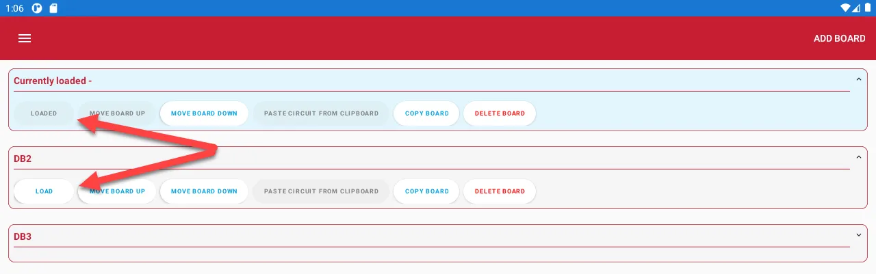 Tablet view showing the Load Board button and the current loaded board display