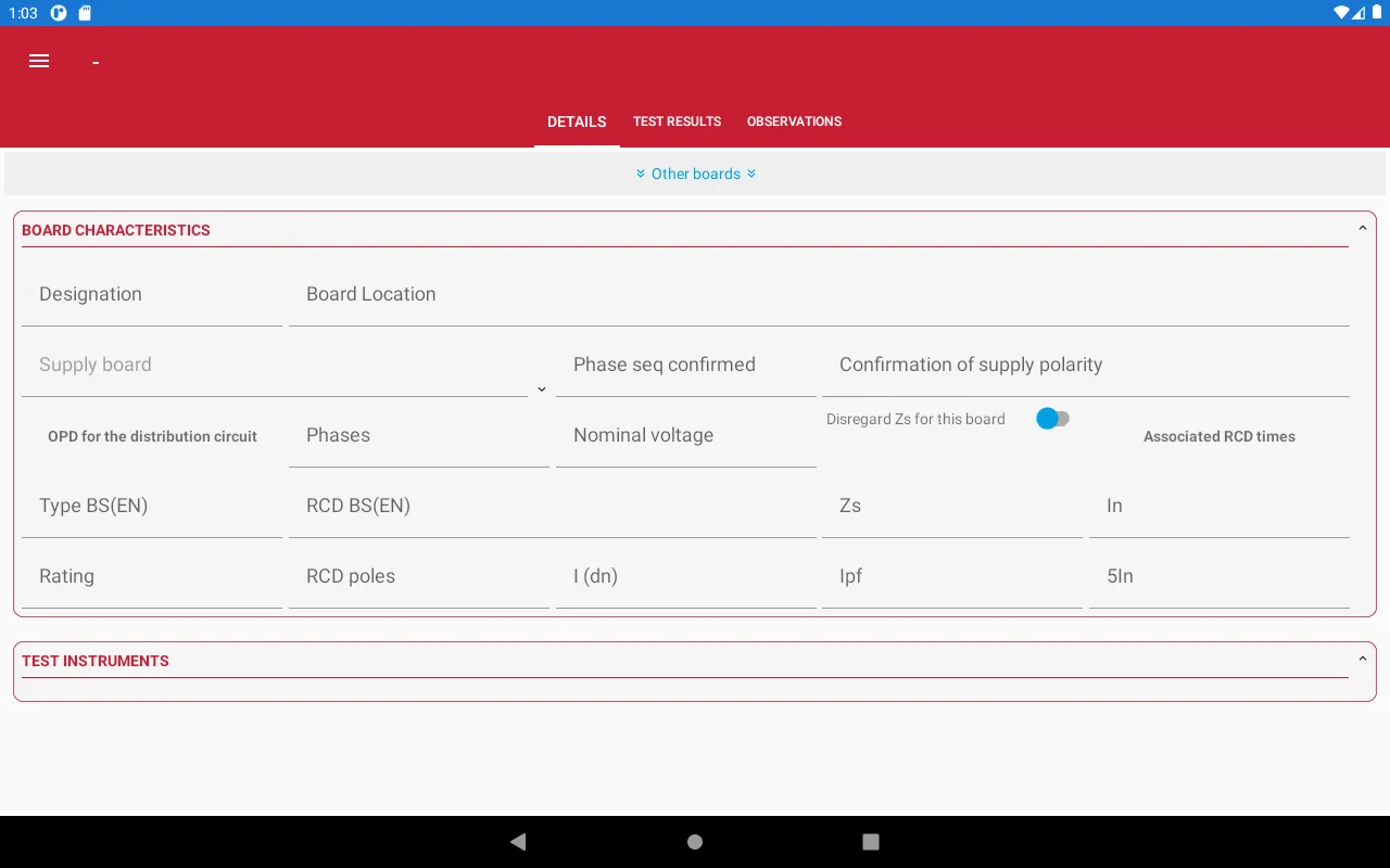 Current board displaying board characteristics