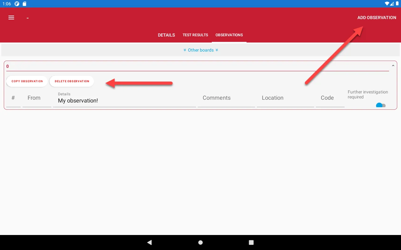 Observations tab showing listed observations and management options