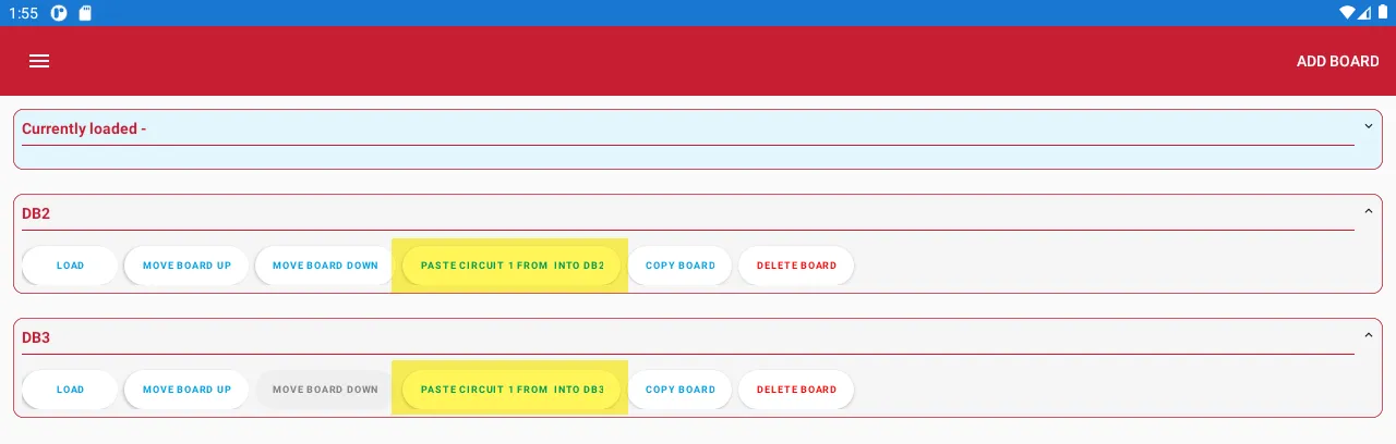 Tablet view showing PASTE CIRCUIT button after navigating to another board