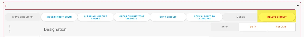 Tablet view showing DELETE CIRCUIT button