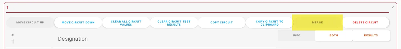 Tablet view showing MERGE button for three-phase circuits