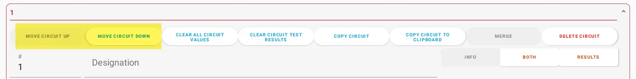 Tablet view showing MOVE CIRCUIT UP and MOVE CIRCUIT DOWN buttons