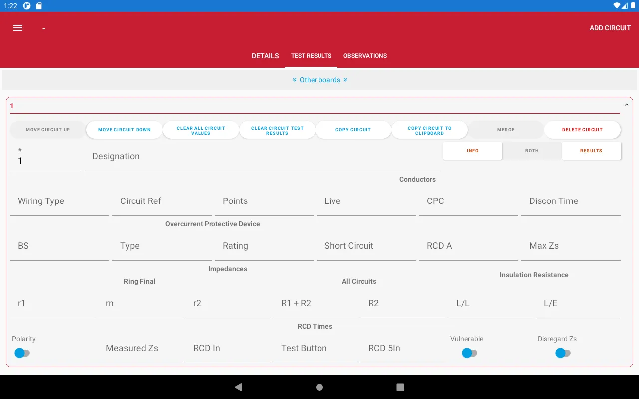 Tablet view showing both circuit details and test results after clicking BOTH