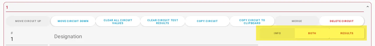 Tablet view showing INFO, BOTH, and RESULTS buttons