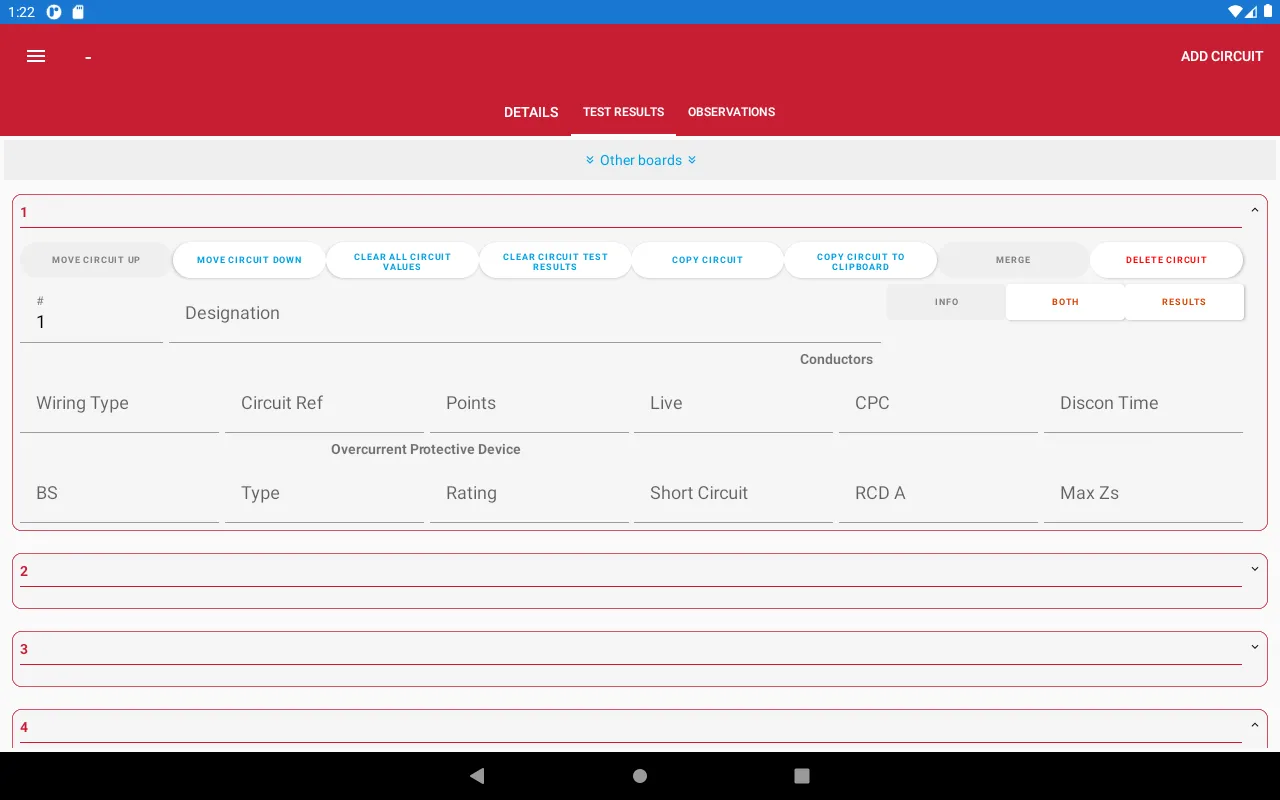 Tablet view showing circuit details after clicking INFO