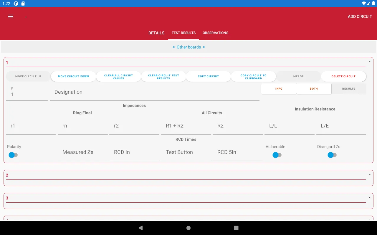 Tablet view showing test results after clicking RESULTS
