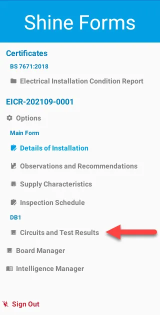Main menu showing the Circuits and Test Results option