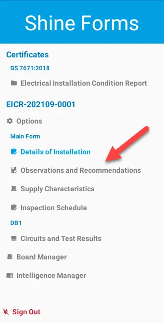 Tablet app main menu with Observations and Recommendations highlighted