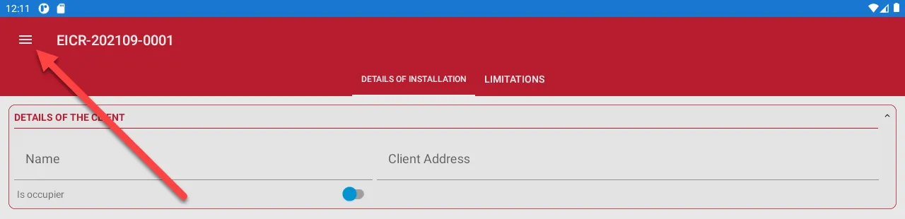 Location of main menu in tablet app