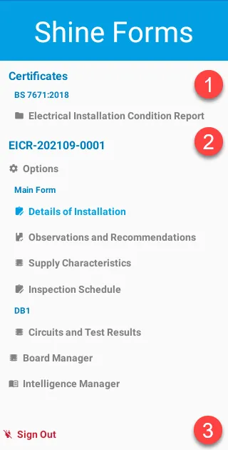 Main sections of the menu in the tablet app