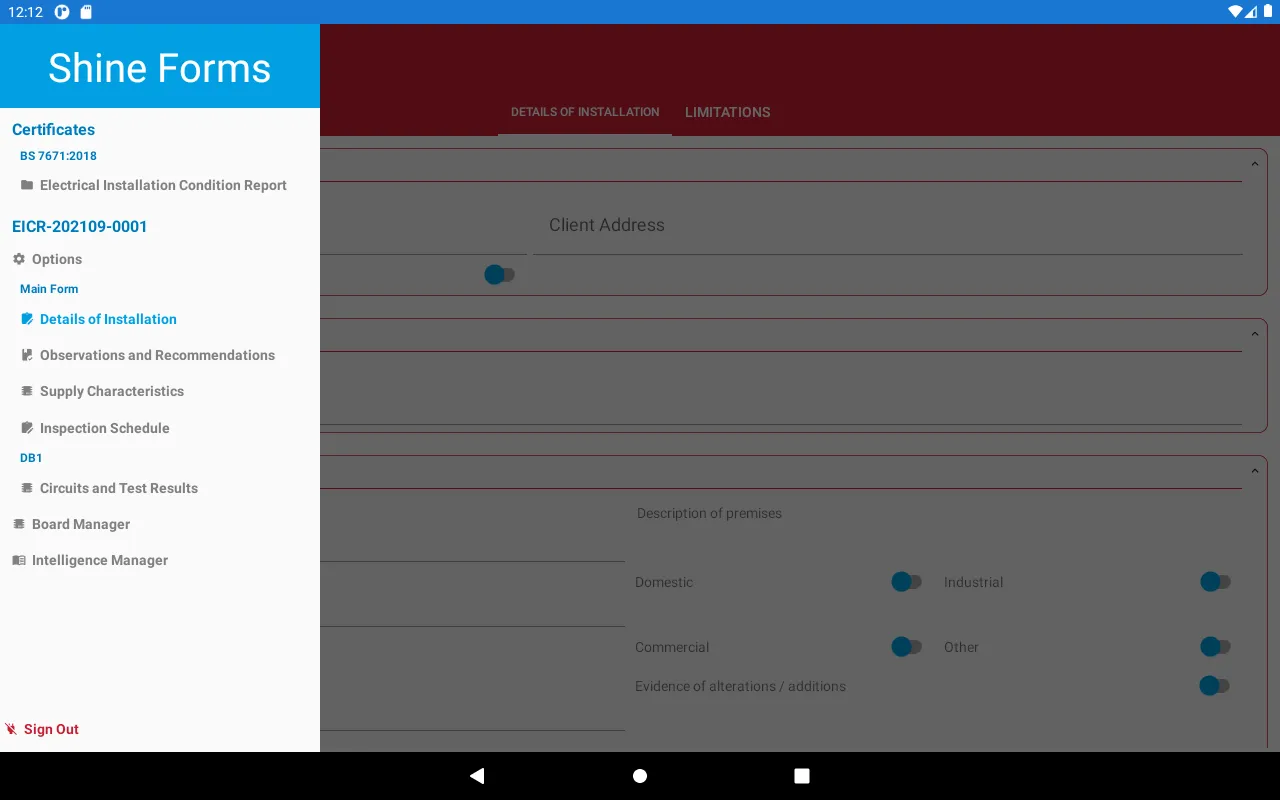 Tablet app's main menu view