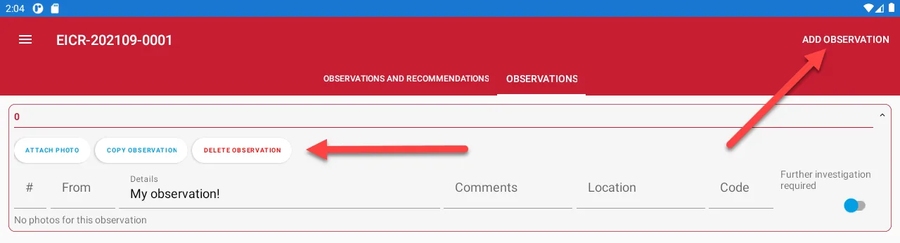 Tablet app with options to add, copy, or delete observations highlighted
