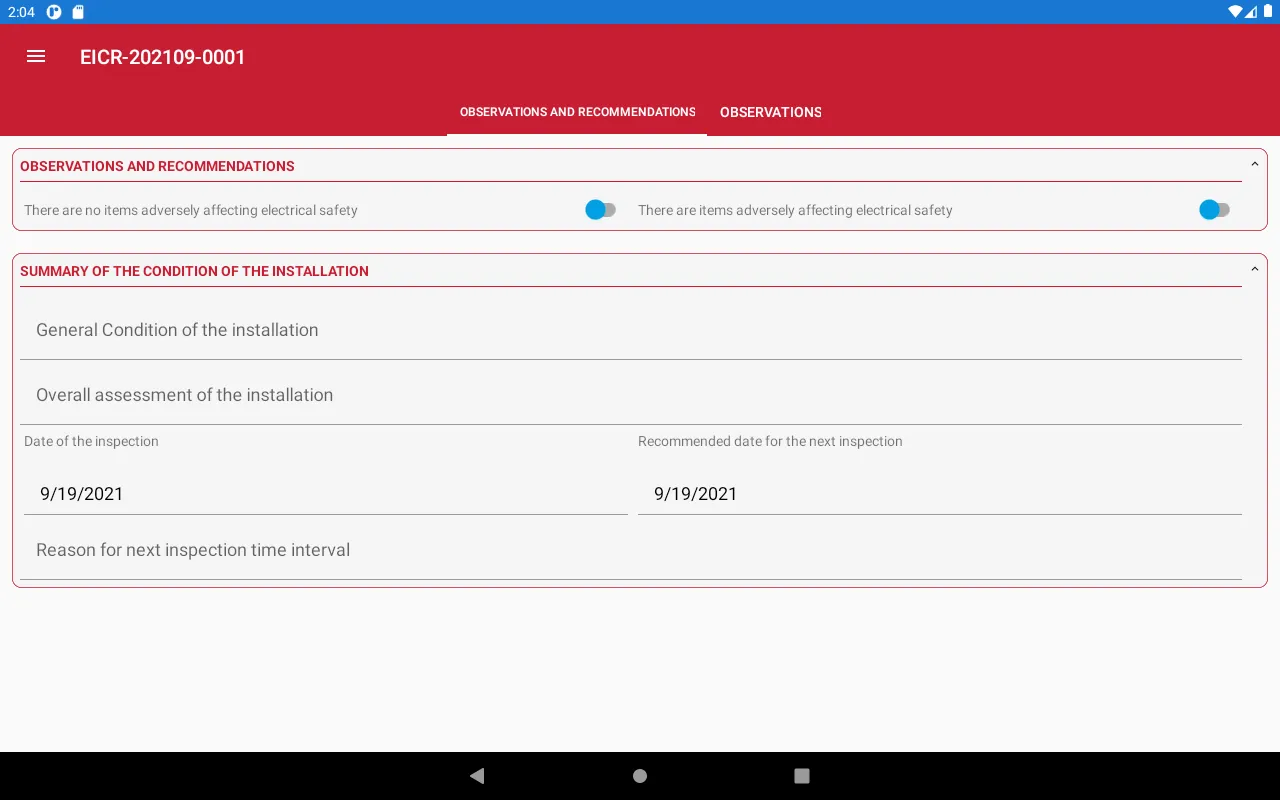 Tablet app showing the first Observations tab with condition summary