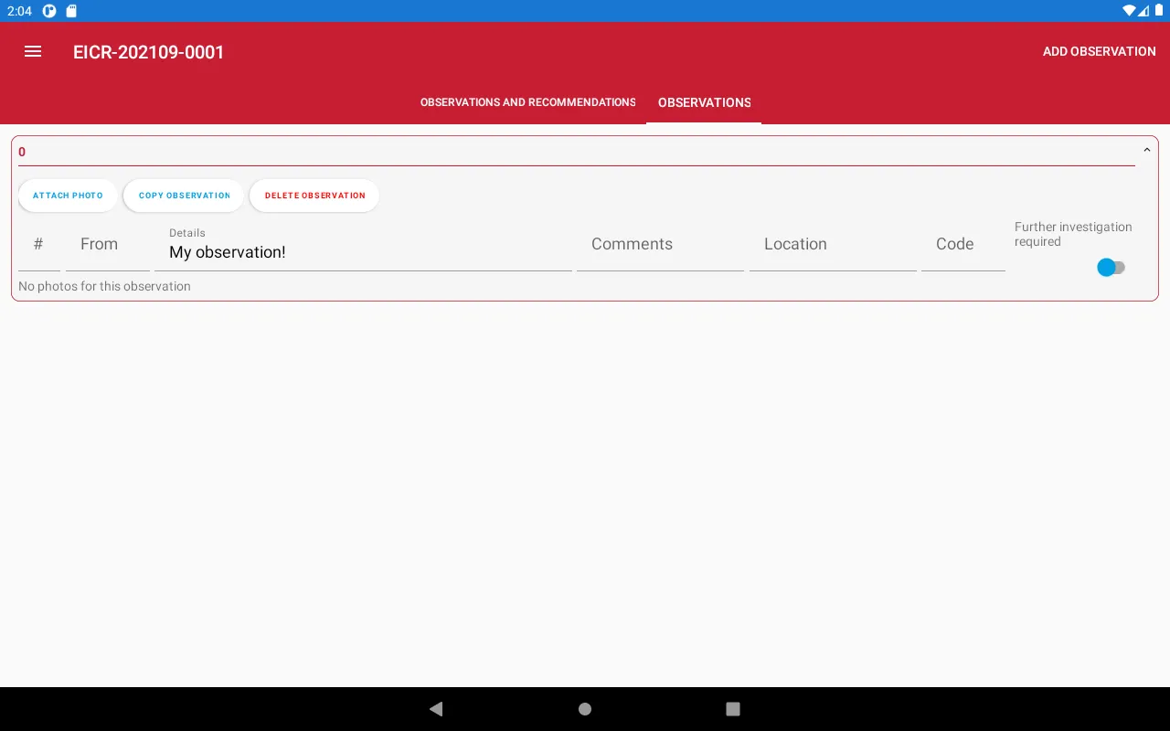 Tablet app showing the second Observations tab with a list of observations