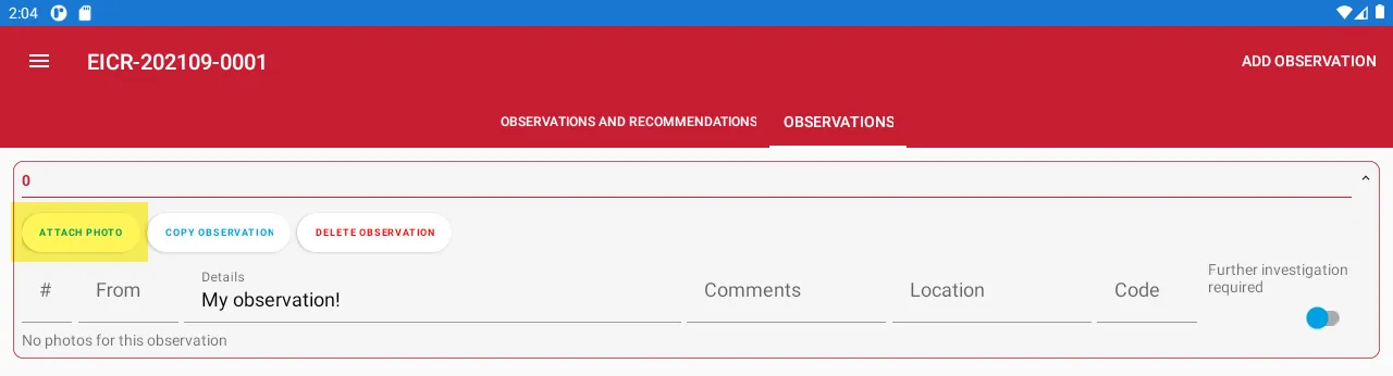 A button labeled Attach Photo to add images to an observation