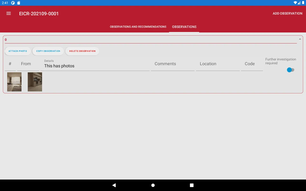 Two photos displayed after being added to the observation