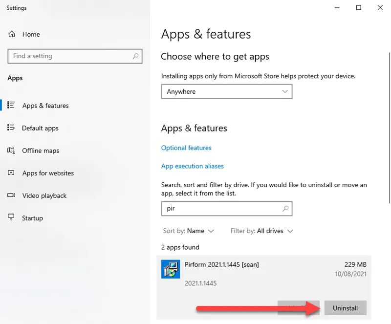 Screenshot of the Add or Remove Programs window showing Pirform selected for uninstallation.