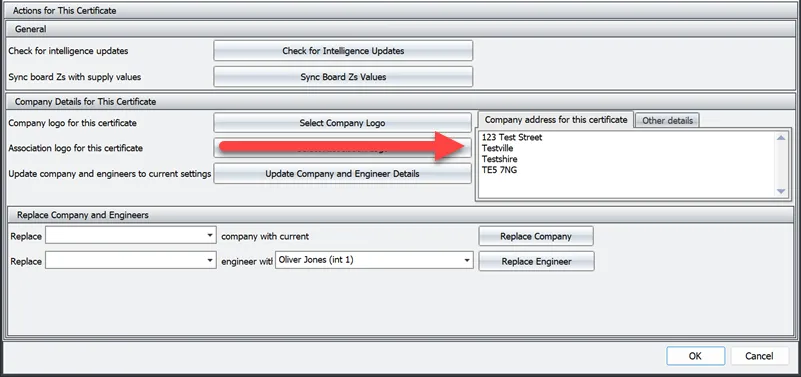 Dialog screenshot displaying fields for updating the company address