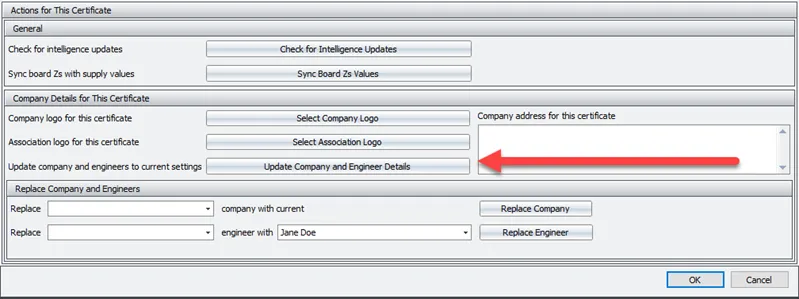 Dialog screenshot showing options to update company and engineer details