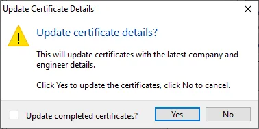 Confirmation dialog asking whether to update certificates including completed ones