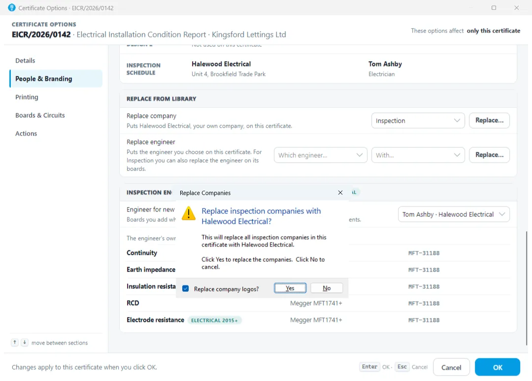 Dialog with options to replace company details including logos