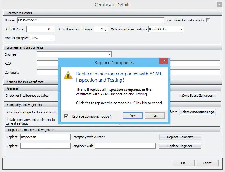 Dialog with options to replace company details including logos