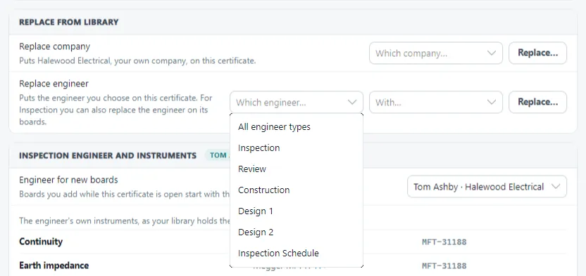 Dialog showing options to replace engineer details in the certificate