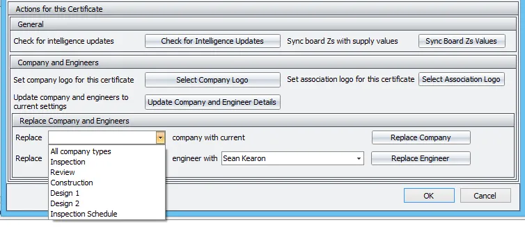Dialog showing options to replace engineer details in the certificate
