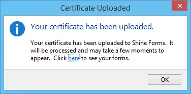 Notification indicating successful upload of a certificate in Pirform
