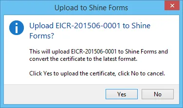 Confirmation dialog to upload a certificate in Pirform